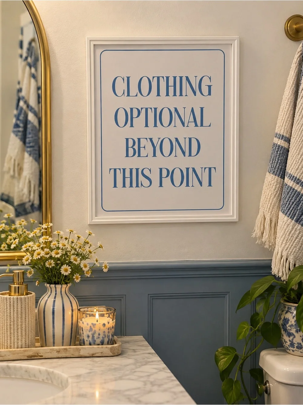 Clothing Optional Bathroom Beach Pool Hot Tub Canvas Art Print Blue White Frame